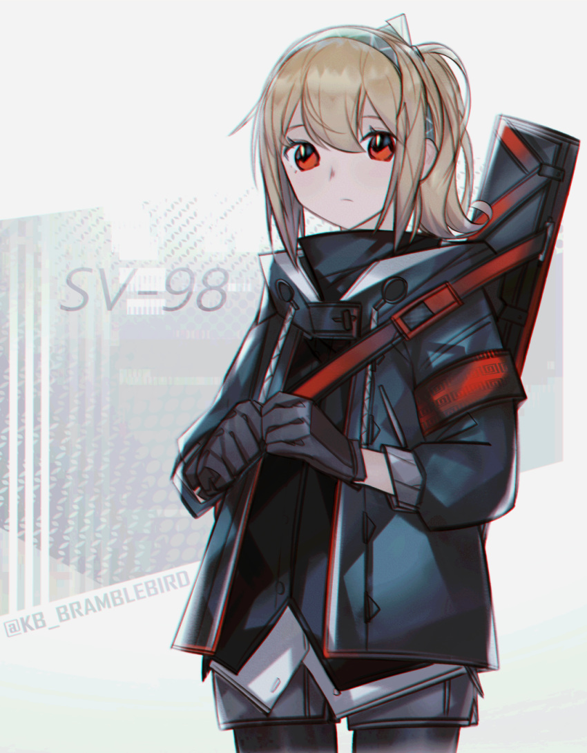 1girl attache_case bag black_gloves black_legwear blonde_hair blue_hairband character_name commentary english_commentary expressionless flower girls_frontline gloves hair_ribbon hairband highres kky pantyhose parka red_eyes ribbon short_ponytail shorts solo sv-98_(girls_frontline)