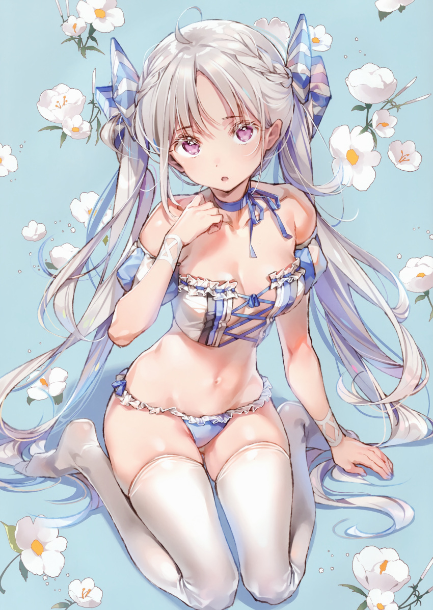 1girl absurdres ahoge bangs blue_background blue_panties blue_ribbon bow bracelet braid breasts cleavage collarbone cross-laced_clothes detached_sleeves dsmile flower french_braid frilled_panties frills full_body highres jewelry lavender_eyes long_hair looking_at_viewer medium_breasts multicolored_hair navel no_shoes open_mouth original panties parted_bangs puffy_detached_sleeves puffy_short_sleeves puffy_sleeves ribbon scan short_sleeves silver_hair simple_background sitting striped striped_bow thigh-highs twintails two-tone_hair underwear vertical_stripes very_long_hair wariza white_flower white_hair white_legwear