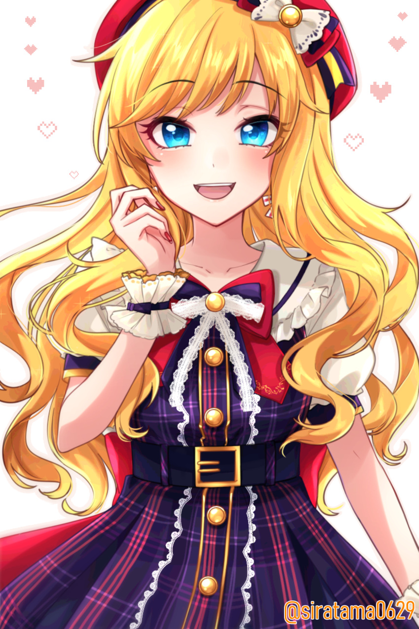 1girl @ artist_name belt blonde_hair blue_belt blue_eyes blush breasts collarbone commentary_request dot_nose dress eyebrows_visible_through_hair floating_hair hat heart highres idolmaster idolmaster_cinderella_girls idolmaster_cinderella_girls_starlight_stage large_breasts long_hair looking_at_viewer nail_polish ootsuki_yui open_mouth pink_nails pixel_heart puffy_short_sleeves puffy_sleeves red_hat short_sleeves siratama0629 smile solo upper_teeth wrist_cuffs