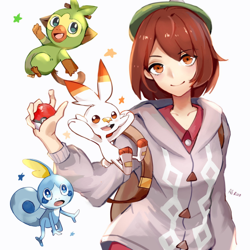 1girl aikoo backpack bag bangs bob_cut brown_eyes brown_hair cardigan commentary creatures_(company) female_protagonist_(pokemon_swsh) game_freak gen_8_pokemon green_hat grookey hat highres long_sleeves looking_at_viewer nintendo poke_ball pokemon pokemon_(creature) pokemon_(game) pokemon_swsh scorbunny short_hair simple_background smile sobble star tam_o'_shanter upper_body white_background