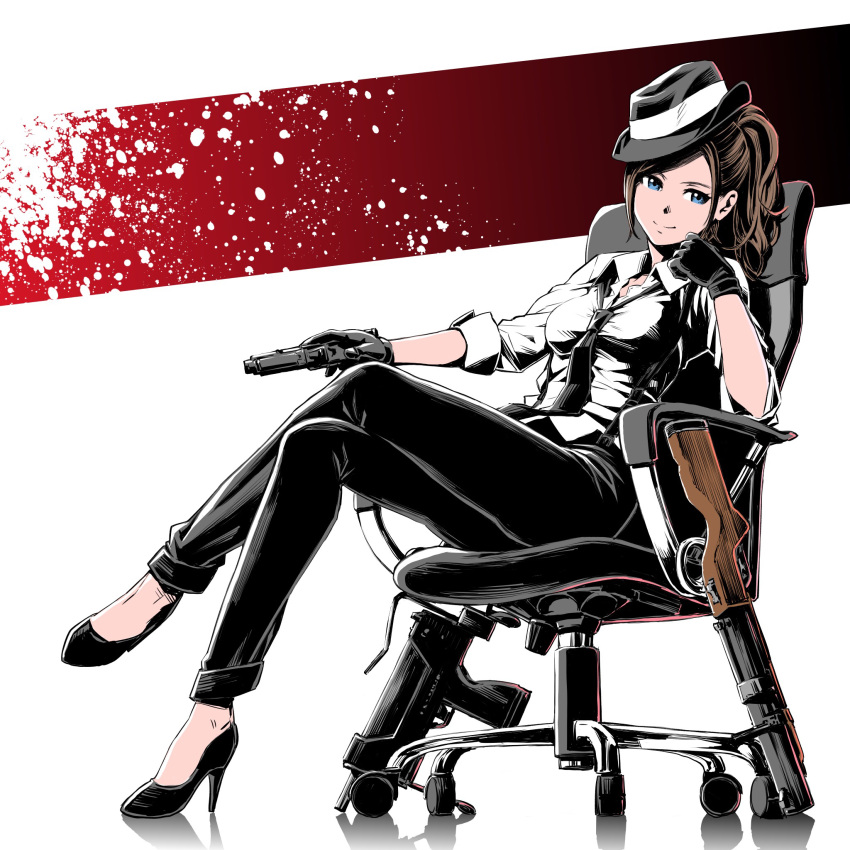 1girl belt blue_eyes breasts brown_hair chair claire_redfield formal gangster gloves gun handgun hat highres long_hair necktie pants ponytail resident_evil resident_evil_2 smile solo suit ume_(yume_uta_da) weapon