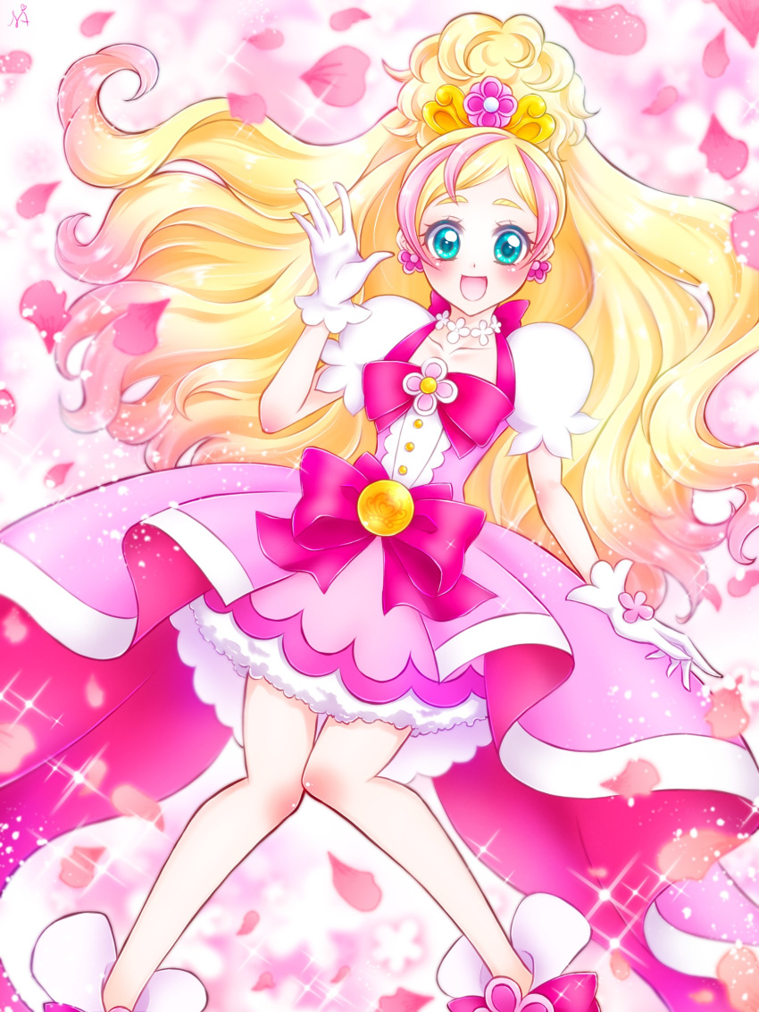 1girl :d aqua_eyes bare_legs blonde_hair bow brooch cure_flora earrings flower flower_earrings flower_necklace full_body gloves go!_princess_precure gradient_hair haruno_haruka highres jewelry long_hair looking_at_viewer magical_girl multicolored_hair nagisa130 necklace open_mouth petals pink_bow pink_hair pink_skirt precure puffy_sleeves shoes skirt smile solo sparkle streaked_hair two-tone_hair white_gloves