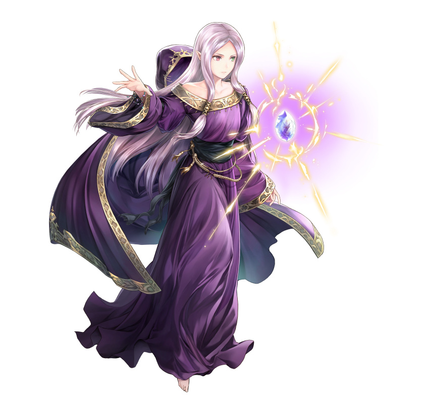 1girl absurdres bangs bare_shoulders barefoot dress fingernails fire_emblem fire_emblem:_fuuin_no_tsurugi fire_emblem_heroes floating floating_object full_body heterochromia highres idoun jewelry long_dress long_hair nintendo official_art parted_bangs parted_lips pointy_ears purple_dress purple_hair shiny shiny_hair sidelocks simple_background solo stone white_background wide_sleeves yamada_koutarou