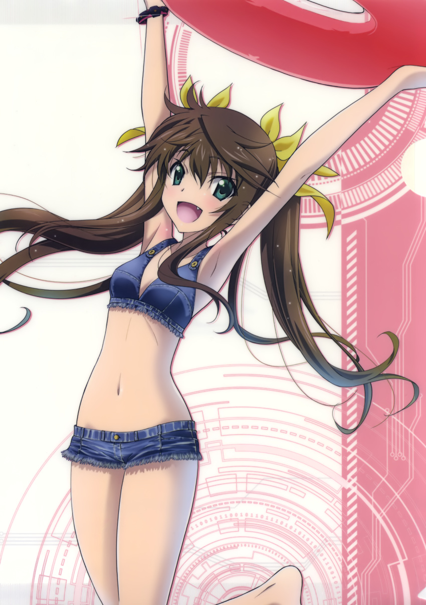 1girl :d absurdres armpits arms_up barefoot bikini bikini_shorts blue_bikini bow bracelet breasts brown_hair cleavage denim_bikini fang floating_hair green_eyes hair_between_eyes hair_bow highres huang_lingyin infinite_stratos innertube jewelry long_hair looking_at_viewer micro_shorts open_mouth shorts small_breasts smile solo standing standing_on_one_leg swimsuit twintails very_long_hair wet wet_hair yellow_bow