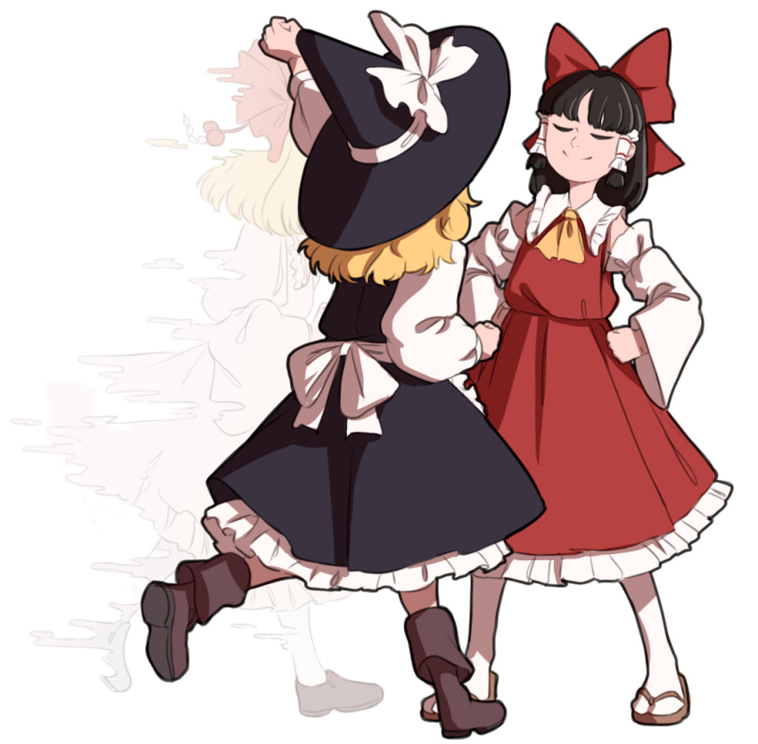 3girls apron arm_up ascot bangs black_hair blonde_hair blunt_bangs boots bow clenched_hands closed_eyes detached_sleeves fading frills hair_bow hair_tubes hakurei_reimu hands_on_hips hat hat_bow kirisame_marisa long_hair long_sleeves mefomefo multiple_girls nontraditional_miko pom_pom_(clothes) red_skirt sandals satsuki_rin skirt skirt_set smile smug socks touhou transparent wide_sleeves witch_hat younger