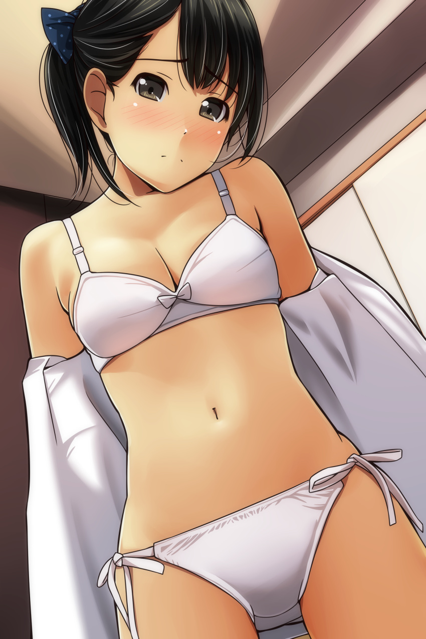 1girl absurdres ass_visible_through_thighs bangs blue_bow blush bow bra breasts brown_eyes cleavage closed_mouth dutch_angle eyebrows_visible_through_hair hair_bow head_tilt highres looking_at_viewer matsunaga_kouyou navel nose_blush off_shoulder open_clothes open_shirt original panties polka_dot polka_dot_bow ponytail shirt side-tie_panties small_breasts solo underwear white_bra white_panties white_shirt