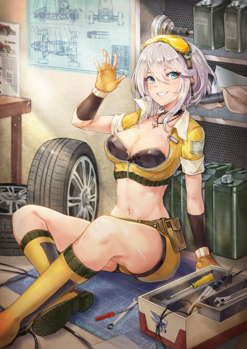 1girl :d arm_at_side arm_up azur_lane bangs belt belt_pouch bikini bikini_under_clothes black_bikini_top black_choker blue_eyes blueprint blush boots breasts cable canister choker cleavage cropped_jacket cross cross_necklace death-the-cat earrings eyebrows_visible_through_hair fingerless_gloves gloves goggles goggles_on_head grin hair_between_eyes highres indoors jacket jewelry knee_boots looking_at_viewer medium_breasts medium_hair navel necklace newspaper open_clothes open_jacket open_mouth orange_footwear orange_gloves orange_jacket orange_shorts partially_unzipped pendant pouch racequeen screwdriver shelf short_hair short_sleeves shorts silver_hair sitting smile solo strapless strapless_bikini swimsuit table teeth toolbox washington_(azur_lane) wheel wrench yellow-tinted_eyewear zipper