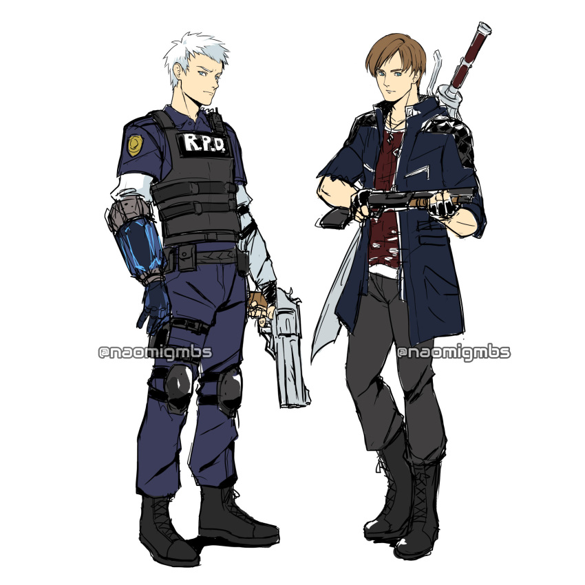 2boys blonde_hair blue_eyes brown_hair capcom claws company_connection cosplay costume_switch devil_may_cry devil_may_cry_5 fingerless_gloves full_body gloves gun handgun highres jacket leon_s_kennedy male_focus multiple_boys naomig nero_(devil_may_cry) police police_uniform resident_evil resident_evil_2 short_hair sword uniform weapon white_hair