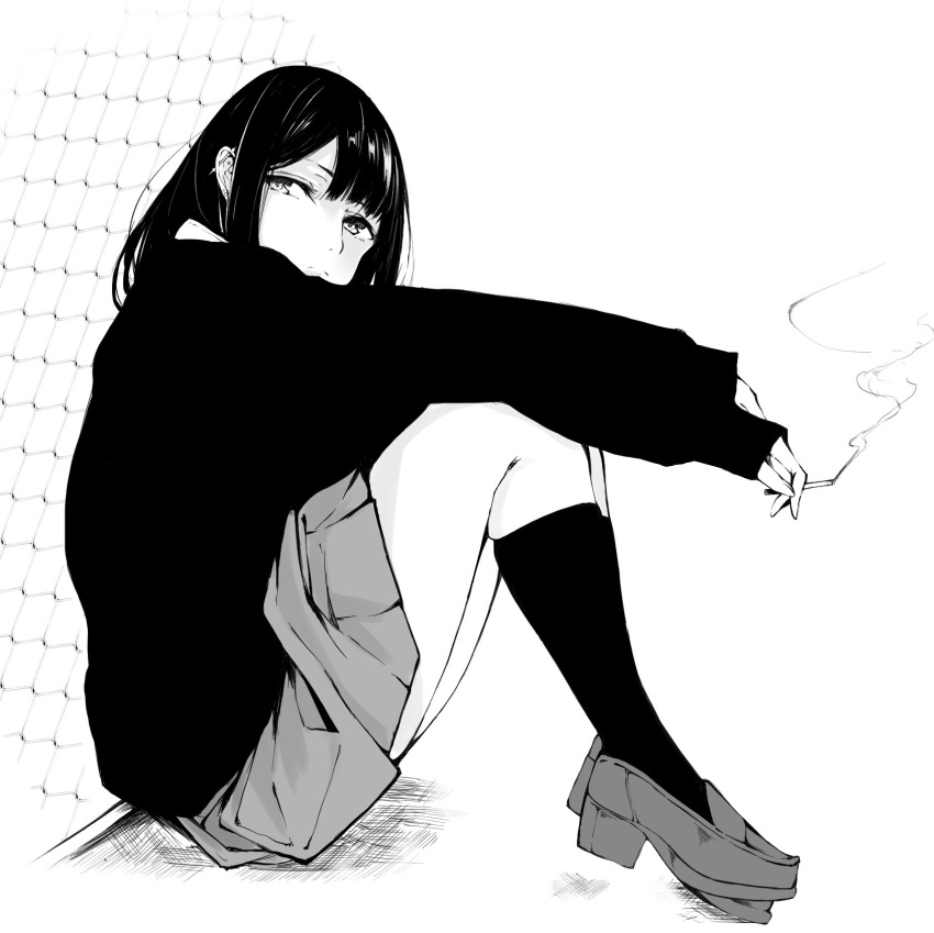 1girl cigarette commentary_request ear_piercing flat_(joppin_karu!) from_side greyscale highres industrial_piercing kneehighs loafers long_hair looking_at_viewer monochrome original piercing pleated_skirt school_uniform shoes simple_background sitting skirt sleeves_past_wrists smoking socks solo
