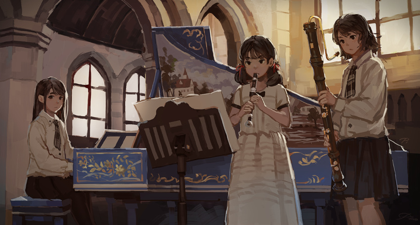 3girls ascot backlighting bassoon bench black_eyes black_hair dress frown hair_ribbon indoors instrument long_hair looking_to_the_side low_twintails medium_hair multiple_girls music_stand original piano plaid pvmivs recorder ribbon school_uniform sheet_music short_hair sitting sketch skirt sunlight twintails window