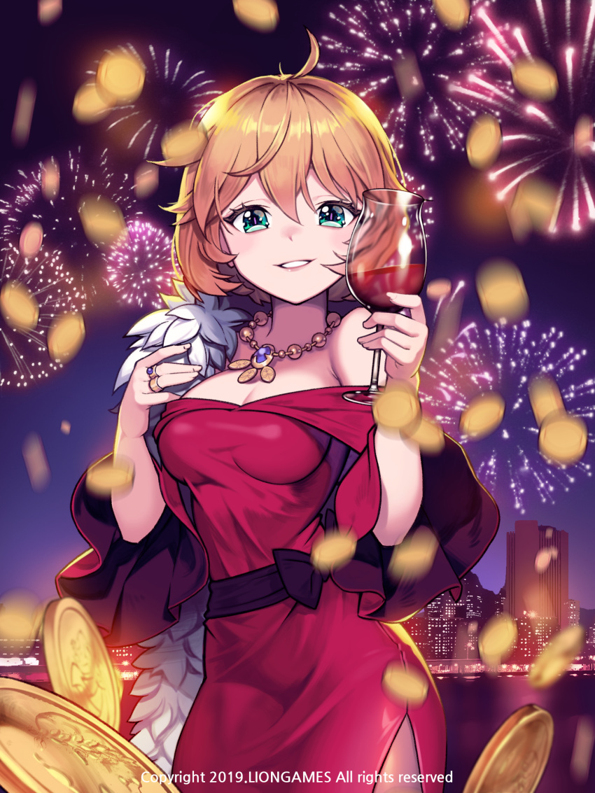 1girl aerial_fireworks ahoge alcohol bangs bare_shoulders blush breasts brown_hair building character_request cityscape cleavage coin commentary_request cup dress drinking_glass eyebrows_behind_hair fireworks green_eyes hair_between_eyes highres holding holding_cup jewelry lim_jaejin medium_breasts necklace night night_sky off-shoulder_dress off_shoulder official_art outdoors parted_lips red_dress ring short_hair sky skyscraper solo soul_worker watermark wine wine_glass