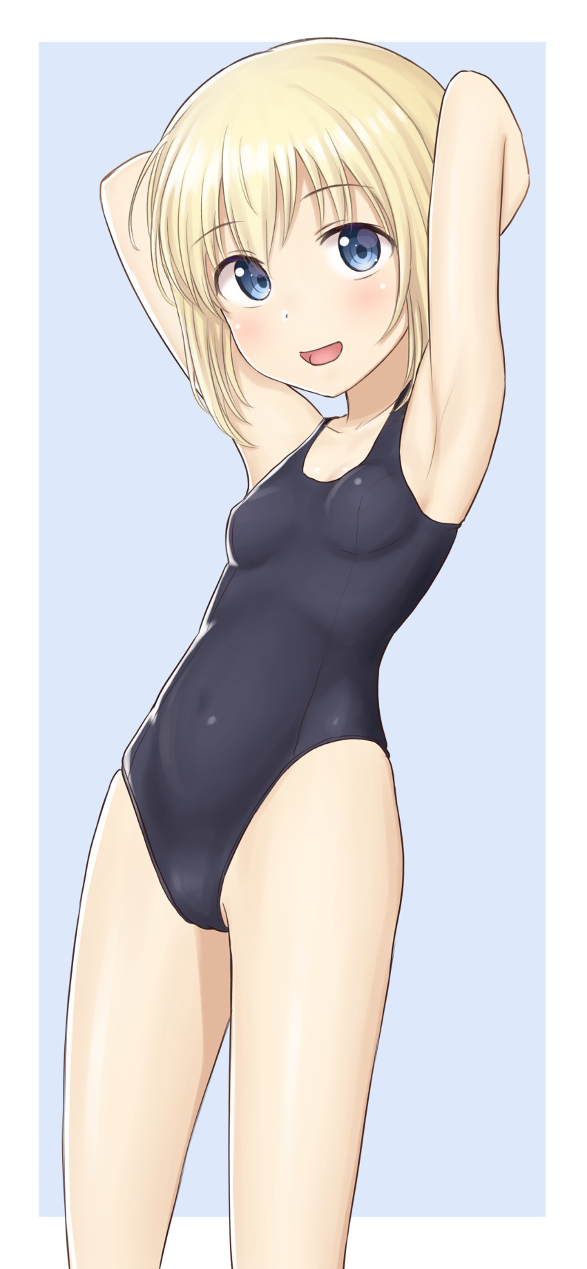 1girl absurdres arms_behind_head black_swimsuit blonde_hair blue_background border breasts collarbone cowboy_shot dot_nose erica_hartmann highleg highleg_swimsuit highres looking_at_viewer new_school_swimsuit nyarukac open_mouth school_swimsuit short_hair small_breasts smile solo standing strike_witches swimsuit two-tone_background white_border world_witches_series