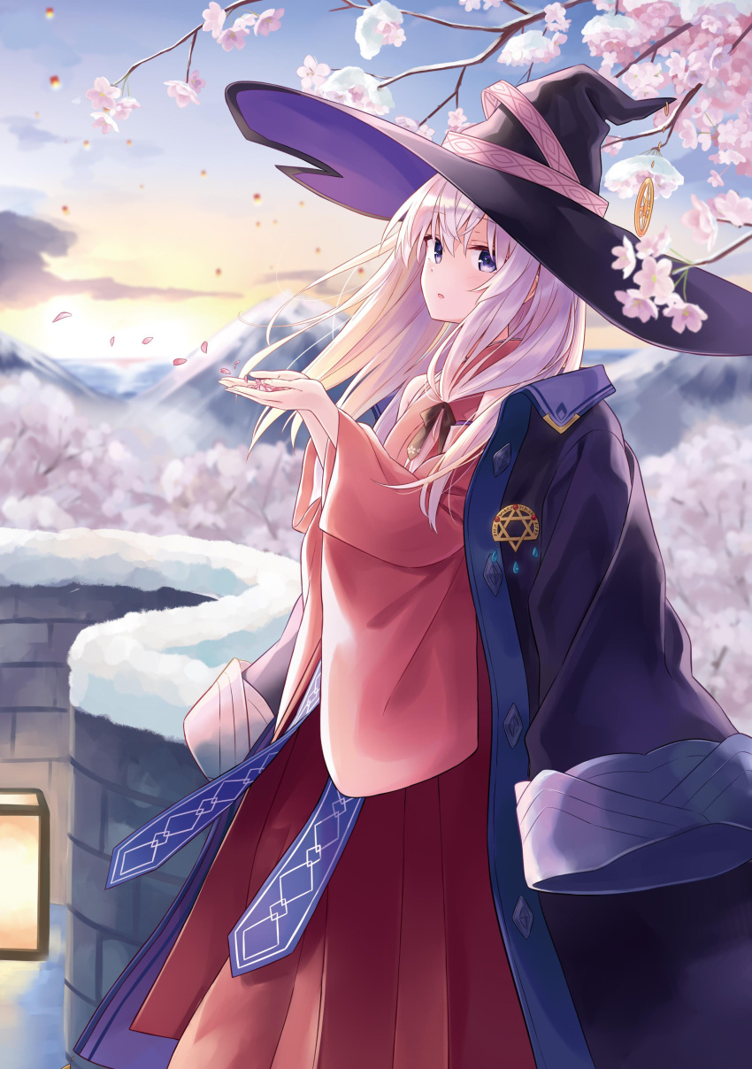1girl absurdres azuuru bare_shoulders black_hat black_ribbon blue_coat blurry cherry_blossoms cupping_hands depth_of_field detached_sleeves elaina_(majo_no_tabitabi) flower hair_ribbon hakama hands_up hat highres jacket_on_shoulders japanese_clothes kimono lamp long_coat long_hair long_sleeves looking_at_viewer majo_no_tabitabi mountain outdoors parted_lips petals red_kimono ribbon sidelocks silver_hair snow solo standing sun sunlight sunset tree tree_branch violet_eyes white_flower wide_sleeves wind wing_collar witch_hat