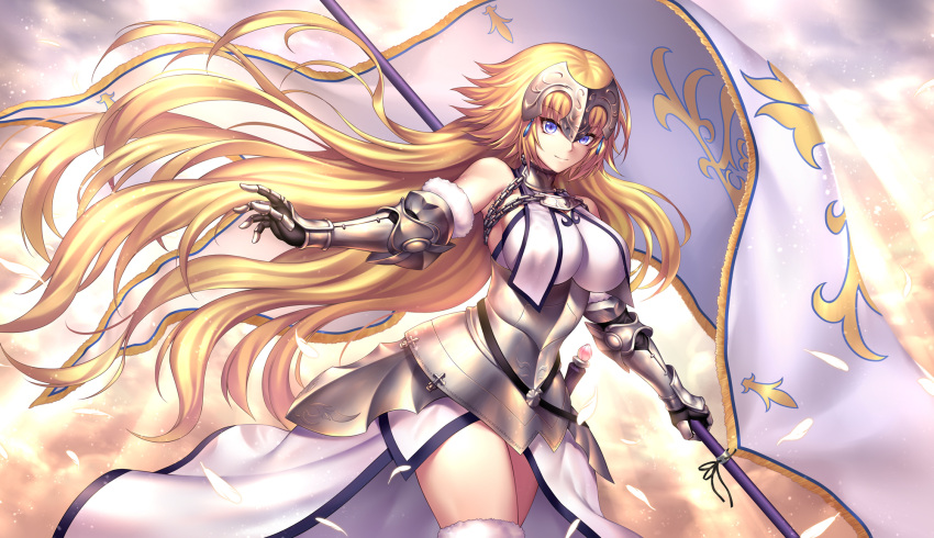 1girl armor armored_dress armpits backlighting banner bare_shoulders blonde_hair blue_eyes breasts chains closed_mouth commentary_request cowboy_shot day dress fate/grand_order fate_(series) faulds feathers floating fur_trim gloves highres holding impossible_clothes impossible_dress jeanne_d'arc_(fate) jeanne_d'arc_(fate)_(all) large_breasts long_hair looking_at_viewer nasaniliu outdoors smile solo very_long_hair white_dress wind