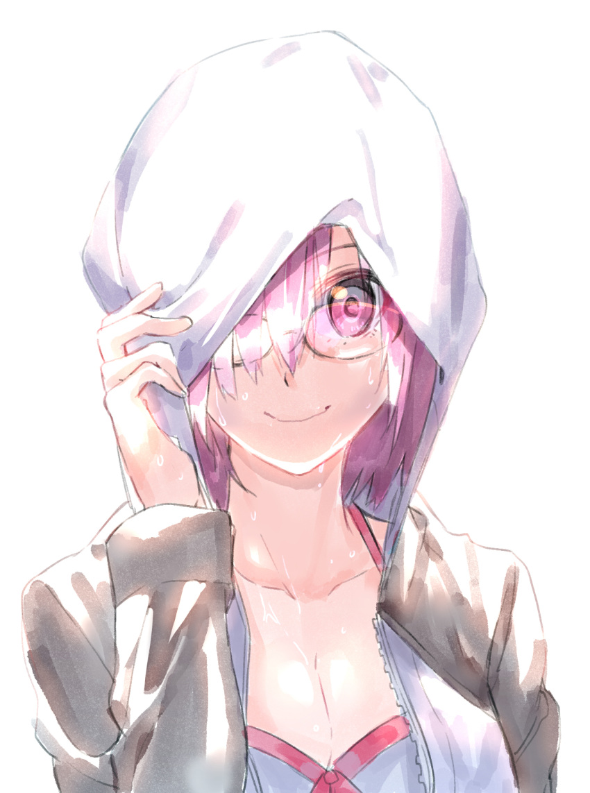 1girl breasts cleavage collarbone fare fate/grand_order fate_(series) glasses grey_bikini_top hair_over_one_eye halterneck highres hood hood_up hooded_jacket jacket looking_at_viewer mash_kyrielight medium_breasts office_lady open_clothes open_jacket pink_eyes pink_hair short_hair simple_background smile sweat upper_body white_background