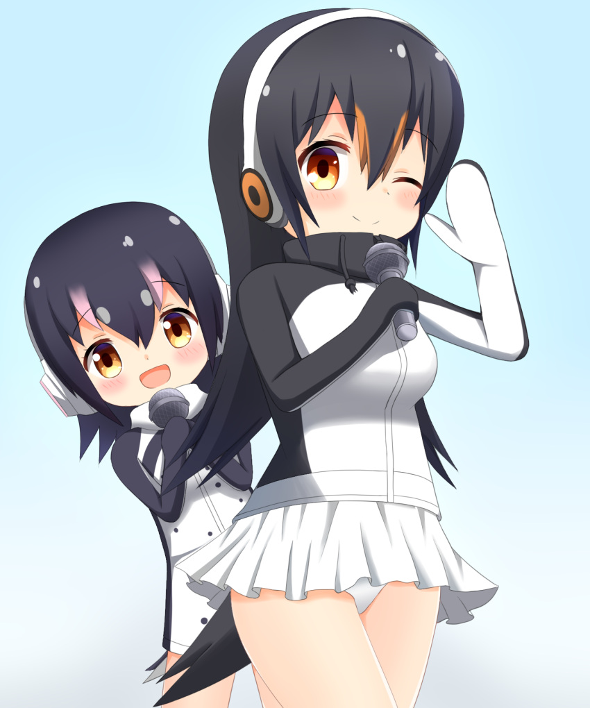 2girls :d ;) bangs black_hair blue_background blush brown_eyes brown_hair commentary drawstring dress eyebrows_visible_through_hair gentoo_penguin_(kemono_friends) gradient gradient_background hair_between_eyes hands_together headphones highres holding holding_microphone humboldt_penguin_(kemono_friends) jacket kemono_friends looking_at_viewer microphone multicolored_hair multiple_girls one_eye_closed open_mouth own_hands_together panties penguin_tail pink_hair shin01571 skirt smile streaked_hair tail turtleneck underwear white_dress white_jacket white_panties white_skirt