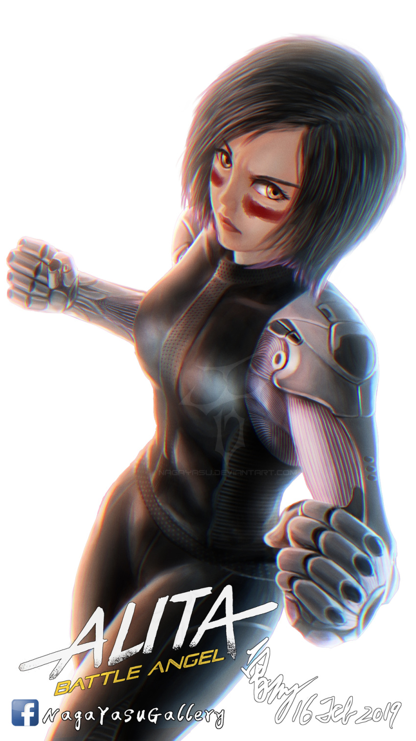 1girl alita:_battle_angel backlighting black_hair bodysuit breasts brown_eyes clenched_hands commentary commentary_request commentary_typo cyberpunk cyborg facepaint fighting_stance gally gunnm highres looking_at_viewer mechanical_arms medium_breasts naga_yasu pants short_hair sleeveless solo tight tight_pants white_background
