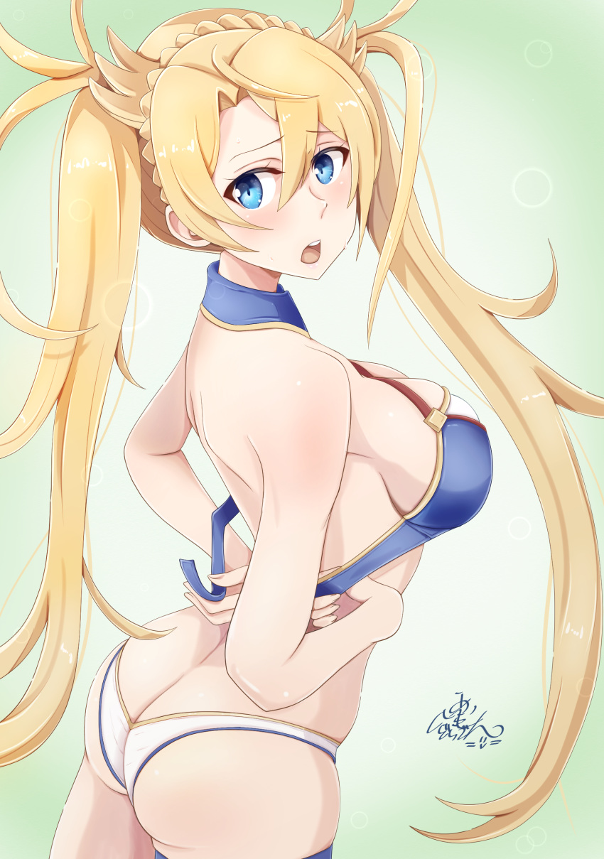 1girl absurdres ass bangs bare_shoulders blonde_hair blue_eyes bradamante_(fate/grand_order) braid breasts butt_crack cleavage commentary_request cowboy_shot crown_braid dragonoil fate/grand_order fate_(series) french_braid green_background hair_between_eyes highres large_breasts long_hair open_mouth signature simple_background solo thigh_strap thighs twintails two-tone_bikini very_long_hair