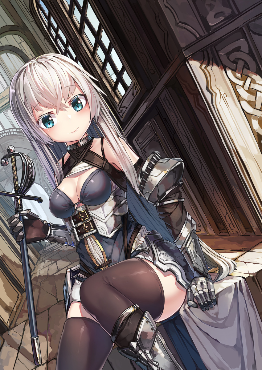 1girl arm_support armored_boots bangs bare_shoulders blue_eyes blue_jacket boots breasts brown_legwear cleavage closed_mouth commentary_request dutch_angle eyebrows_visible_through_hair gauntlets hair_between_eyes highres holding holding_sheath indoors jacket knee_boots knight long_hair medium_breasts natori_youkai original saber_(weapon) sheath sheathed silver_hair sitting skirt smile solo sword thigh-highs very_long_hair weapon white_skirt window