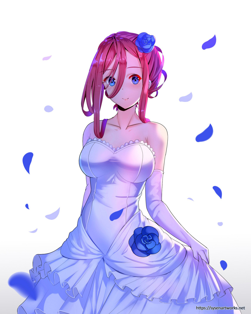 1girl bare_shoulders blue_eyes blue_flower blue_rose breasts bride collarbone dress elbow_gloves flower gloves go-toubun_no_hanayome hair_flower hair_ornament highres large_breasts looking_at_viewer making_of nakano_miku petals redhead rose rose_petals smile solo strapless strapless_dress sysen updo violet_eyes watermark web_address wedding_dress white_background white_dress white_gloves