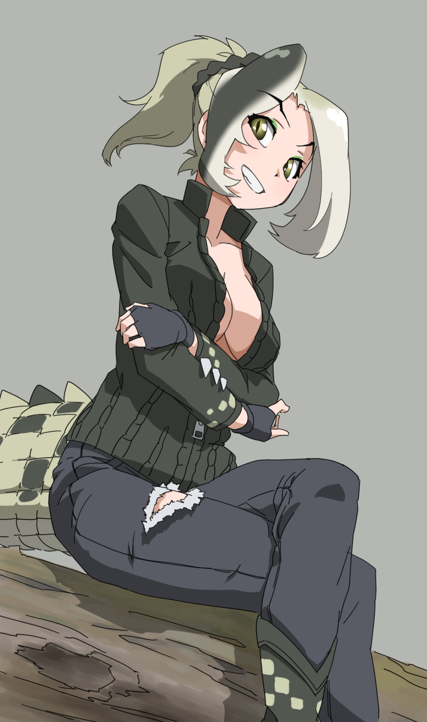 1girl black_gloves black_pants boots breasts collarbone collared_jacket crocodile_tail crossed_arms dutch_angle eyebrows_visible_through_hair eyeshadow fingerless_gloves gloves green_eyes green_hair green_jacket grey_background grey_hair grin high_collar high_ponytail highres jacket kemono_friends legs_crossed long_hair long_sleeves looking_at_viewer makeup medium_breasts multicolored_hair no_bra pants partially_unzipped ponytail saltwater_crocodile_(kemono_friends) simple_background sitting slit_pupils smile solo spiked_jacket spikes tail tanabe_(fueisei) torn_clothes torn_pants zipper zipper_pull_tab