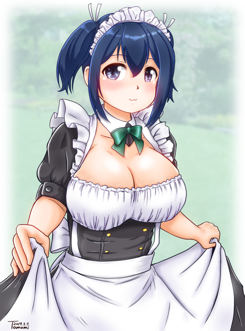 1girl :3 alternate_costume apron artist_name black_dress blue_background blue_hair blush breasts cleavage collarbone corset dated detached_collar dress enmaided eyebrows_visible_through_hair frilled_apron frills gradient gradient_background green_ribbon hair_between_eyes hair_ribbon highres kantai_collection large_breasts looking_at_viewer maid maid_apron maid_headdress medium_hair neck_ribbon puffy_short_sleeves puffy_sleeves ribbon short_sleeves skirt_hold smile solo souryuu_(kantai_collection) twintails uratomomin waist_apron white_apron wrist_cuffs