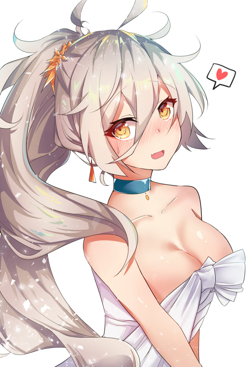 1girl :d bangs bare_shoulders blue_choker blush breasts brown_eyes brown_hair choker cleavage collarbone commentary dress earrings eyebrows_visible_through_hair fang flower girls_frontline hair_between_eyes hair_flower hair_ornament heart highres jewelry long_hair looking_at_viewer medium_breasts meow_nyang nose_blush open_mouth orange_flower pkp_(girls_frontline) ponytail simple_background smile solo spoken_heart strapless strapless_dress sweat upper_body very_long_hair white_background white_dress