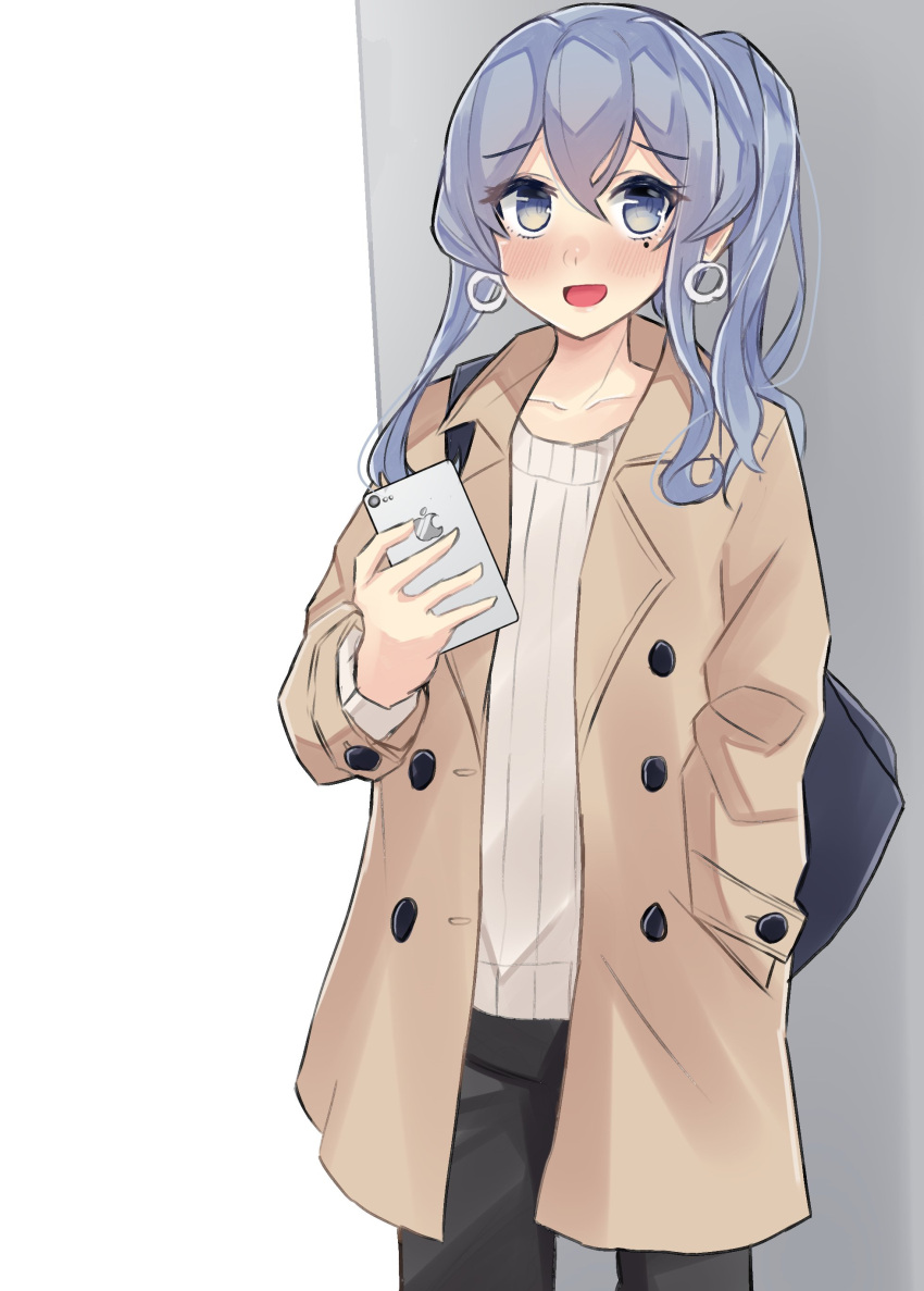 1girl absurdres alternate_costume bag black_pants blue_eyes blue_hair blush brown_coat cellphone coat commentary_request cowboy_shot dokuganryuu earrings gotland_(kantai_collection) hair_bun hand_in_pocket highres hoop_earrings iphone jewelry kantai_collection long_hair looking_at_viewer mole mole_under_eye open_mouth pants phone smartphone smile solo