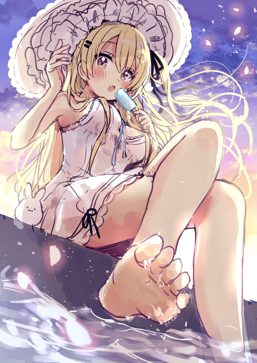1girl :o animal bangs bare_arms bare_shoulders barefoot black_ribbon blonde_hair blush breasts brown_eyes clouds cloudy_sky commentary_request dress eyebrows_visible_through_hair fang feet food hair_between_eyes hair_ornament hair_ribbon hairclip hands_up hat highres holding holding_food legs legs_crossed long_hair medium_breasts one_side_up open_mouth original outdoors popsicle rabbit ribbon sakura_oriko sky sleeveless sleeveless_dress soles solo sunset very_long_hair water wet white_dress white_hat
