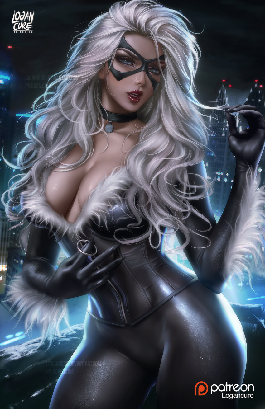 1girl black_cat_(marvel) blue_eyes bodysuit breasts choker city claws cleavage collarbone contrapposto corset gluteal_fold head_tilt highres lips lipstick logan_cure makeup marvel mask night parted_lips red_lipstick skin_tight solo spandex spider-man_(series) teeth unzipping wavy_hair white_hair wind