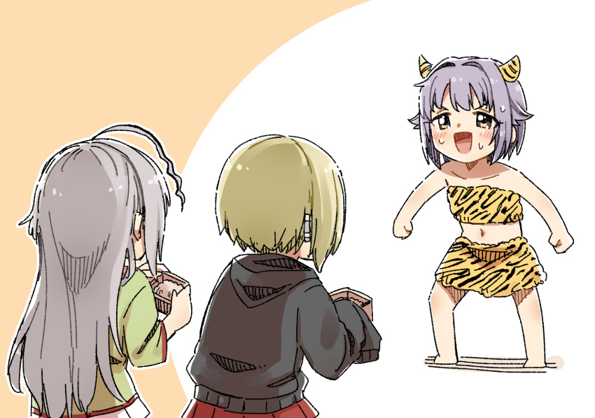 3girls ahoge animal_print blonde_hair blush hair_intakes highres holding hoshi_shouko idolmaster idolmaster_cinderella_girls koshimizu_sachiko lavender_hair long_hair mamemaki masu multiple_girls oni_costume oni_horns setsubun shirasaka_koume short_hair silver_hair sleeves_past_wrists sweat tiger_print yellow_eyes yukie_(kusaka_shi)