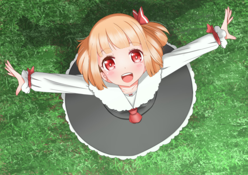 1girl :d bangs black_skirt black_vest blonde_hair blush bright_pupils collarbone day eyebrows_visible_through_hair eyelashes frilled_skirt frills from_above grass hair_ribbon highres long_sleeves looking_at_viewer looking_up open_hands open_mouth outdoors outstretched_arms red_eyes red_neckwear ribbon roco_(katsuya1011) rumia shadow shirt short_hair skirt smile solo spread_arms standing thick_eyebrows touhou upper_teeth vest white_pupils white_shirt wrist_ribbon