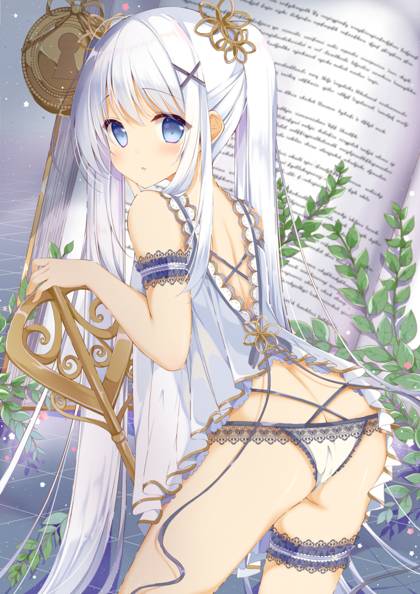 1girl armband ass babydoll back bangs blue_eyes blue_hair blue_ribbon blush book commentary_request cowboy_shot eyebrows_visible_through_hair frilled_panties frills hair_between_eyes hair_ornament hairclip highres lace lace-trimmed_panties leaf lingerie long_hair looking_at_viewer looking_back open_book open_mouth original panties ribbon shirosei_mochi solo staff standing thigh_strap twintails underwear very_long_hair white_panties x_hair_ornament