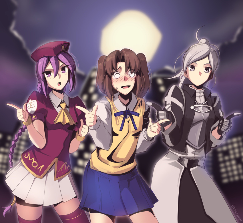 3girls absurdres beret blue_skirt blush boa_(brianoa) braid bright_pupils city closed_mouth embarrassed eyebrows_visible_through_hair finger_gun gloves hat highres long_hair long_sleeves looking_at_viewer melty_blood moon multicolored multicolored_clothes multicolored_gloves multiple_girls night night_sky outdoors ponytail purple_hair purple_legwear riesbyfe_stridberg school_uniform silver_hair single_braid sion_eltnam_atlasia skirt sky standing sweatdrop sweater_vest trio tsukihime white_pupils yumizuka_satsuki