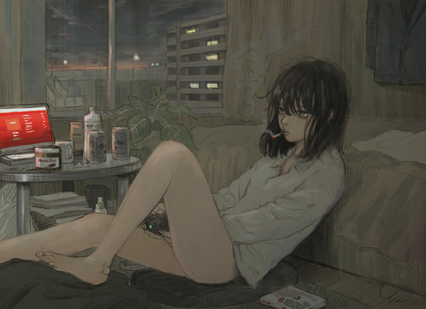 1girl bare_legs bed beer_can black_hair book can city_lights cityscape commentary_request computer game_console highres indoors laptop long_hair night original plant potted_plant shirt sitting_on_floor solo table white_shirt window yellow_eyes