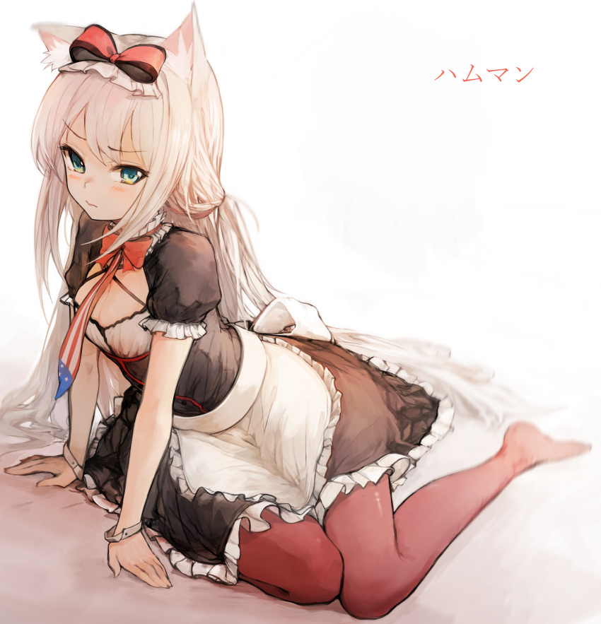1girl 3: american_flag american_flag_print animal_ear_fluff animal_ears apron azur_lane bangs black_dress blue_eyes blush bow bowtie breasts broche_(timpet) cat_ears character_name cleavage closed_mouth dress eyebrows_visible_through_hair flag_print frilled_apron frilled_dress frilled_sleeves frills full_body hair_bow hammann_(azur_lane) highres long_hair looking_at_viewer maid_apron multicolored multicolored_eyes pantyhose puffy_short_sleeves puffy_sleeves red_bow red_legwear red_neckwear short_sleeves sitting solo straight_hair very_long_hair waist_apron white_apron white_hair wrist_cuffs yellow_eyes