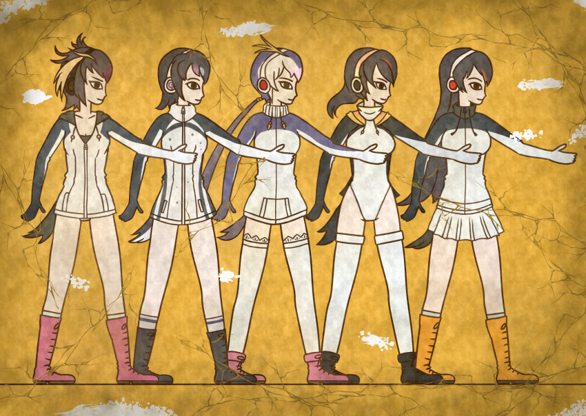 5girls arm_up black_footwear black_hair commentary_request crack drawstring egyptian_art emperor_penguin_(kemono_friends) gentoo_penguin_(kemono_friends) group_picture group_profile headphones high_collar highres hood hoodie humboldt_penguin_(kemono_friends) jacket kemono_friends kita_(7kita) leotard lineup long_hair looking_to_the_side microskirt multicolored_hair multiple_girls orange_footwear penguins_performance_project_(kemono_friends) pink_footwear ponytail profile rockhopper_penguin_(kemono_friends) royal_penguin_(kemono_friends) short_hair simple_background skirt standing streaked_hair thigh-highs white_hair white_legwear white_skirt yellow_background