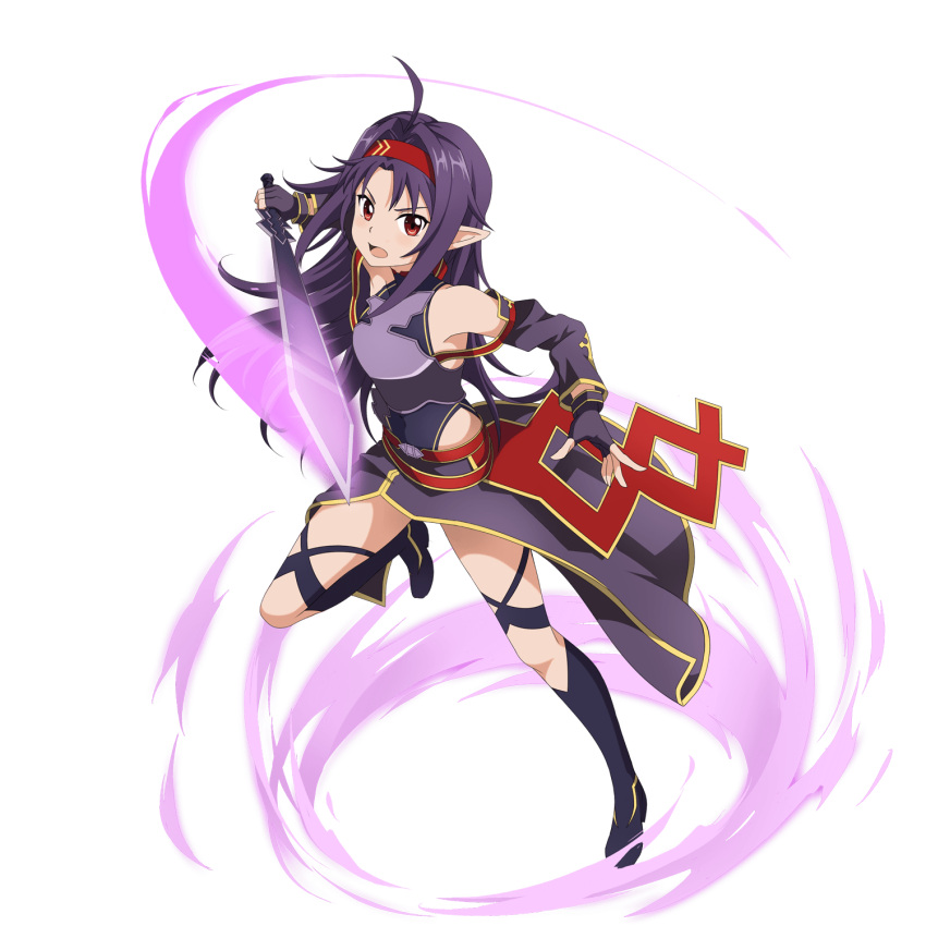 1girl ahoge black_footwear breastplate detached_sleeves fingerless_gloves floating_hair full_body gloves hairband highres holding holding_sword holding_weapon leg_up leotard long_hair long_sleeves looking_at_viewer official_art pointy_ears purple_gloves purple_hair purple_leotard purple_skirt purple_sleeves red_eyes red_hairband shiny shiny_hair skirt solo standing standing_on_one_leg sword sword_art_online transparent_background very_long_hair weapon yuuki_(sao)