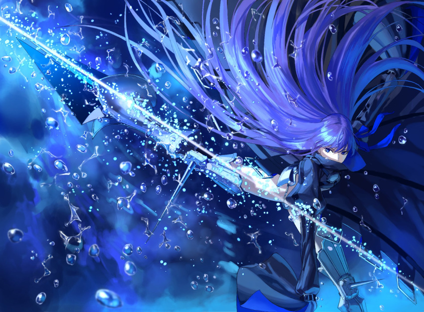 1girl armor armored_dress bangs bare_legs belt black_coat blue_background blue_ribbon boots covered_mouth crotch_plate fate/extra fate/extra_ccc fate_(series) hair_ribbon high_collar highres light long_hair looking_to_the_side meltlilith prosthesis prosthetic_leg purple_hair ribbon slashing sleeves_past_wrists solo spikes thighs very_long_hair violet_eyes water water_drop zonotaida