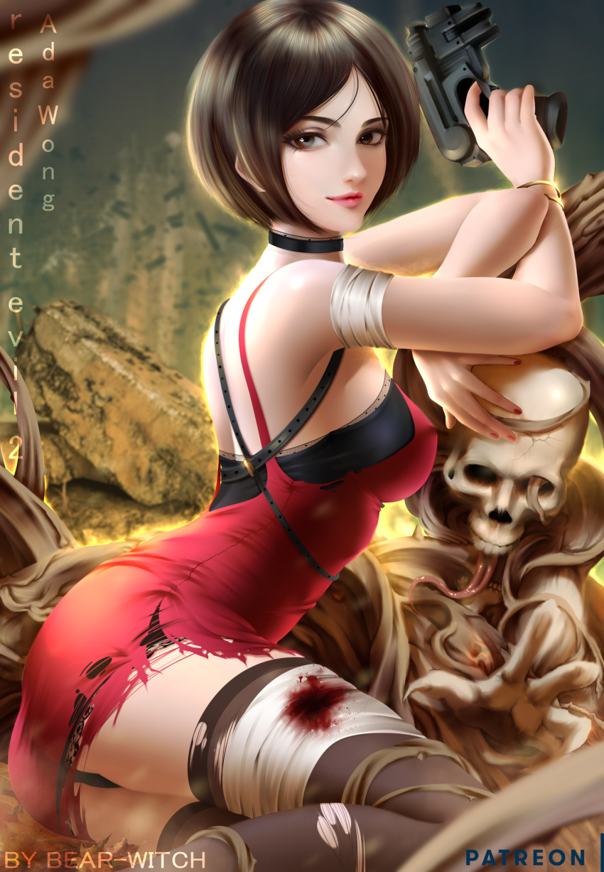 1girl absurdres ada_wong ass bearwitch black_hair blue_eyes bone breasts brown_eyes brown_hair capcom chair choker cleavage dress flower gun highres looking_at_viewer pantyhose red_dress resident_evil resident_evil_2 short_hair skull smile solo torn_clothes weapon