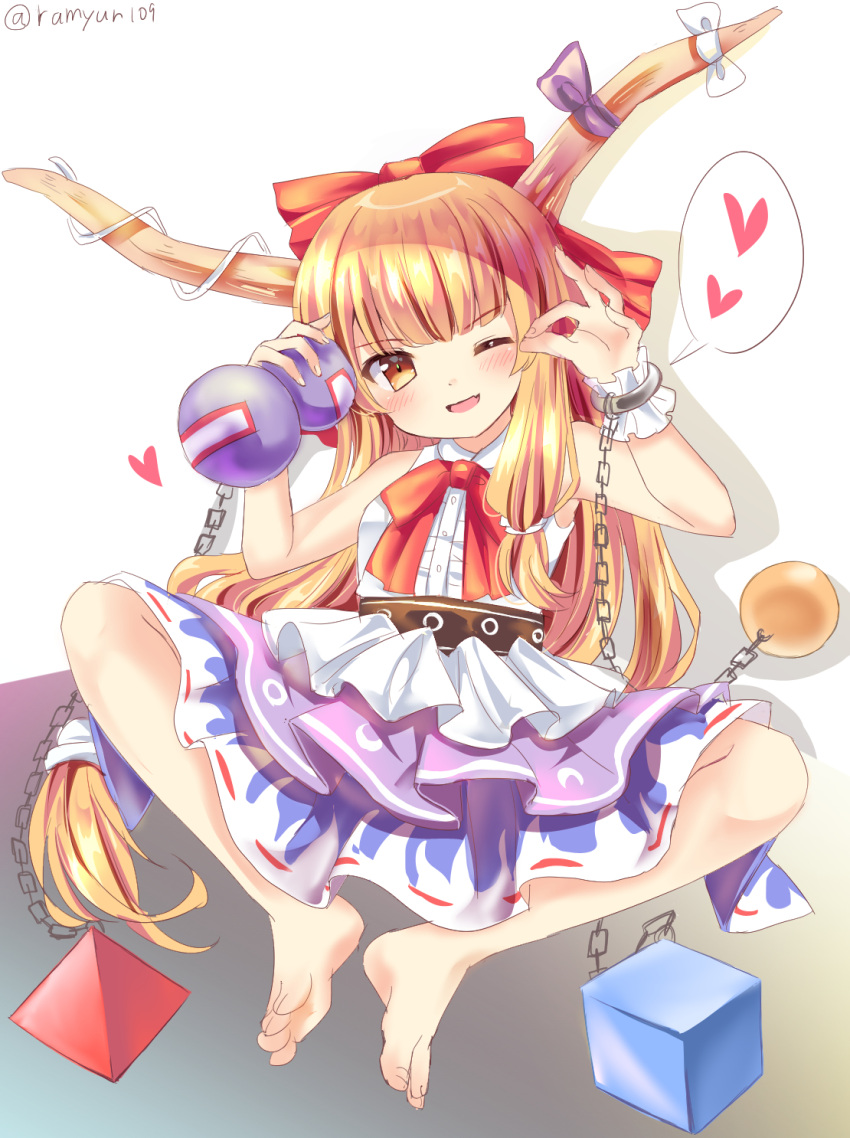 1girl ;d artist_name bangs bare_arms bare_shoulders barefoot belt black_belt blonde_hair blue_skirt blush bow bowtie breasts brown_eyes center_frills chains commentary_request cube cuffs drop_shadow eyebrows_visible_through_hair fang fewer_digits full_body gourd hair_bow hands_up head_tilt heart highres holding horn_ribbon horns ibuki_suika indian_style long_hair looking_at_viewer low-tied_long_hair ok_sign one_eye_closed oni oni_horns open_mouth purple_ribbon pyramid_(geometry) ramudia_(lamyun) red_bow red_neckwear ribbon shackles shirt sidelocks sitting skirt sleeveless sleeveless_shirt small_breasts smile solo sphere spoken_heart touhou twitter_username very_long_hair white_background white_ribbon white_shirt wrist_cuffs