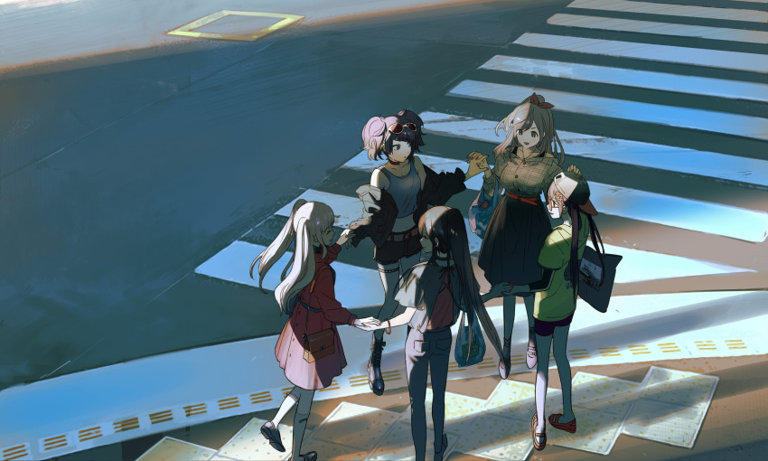 5girls :d absurdres alternate_costume bag bangs baseball_cap belt black_hair black_jacket black_shorts black_skirt bow breasts brown_eyes brown_hair coat denim diagonal_bangs eyewear_on_head full_body glasses green_shirt hair_bow hat highres idolmaster idolmaster_shiny_colors jacket jeans large_breasts long_hair long_skirt looking_at_another mitsumine_yuika multiple_girls off-shoulder_jacket off_shoulder open_mouth pants ponytail purple_hair red_bow red_coat shirase_sakuya shirt short_twintails shorts skirt smile sunglasses tanaka_mamimi thigh_strap tsukioka_kogane twintails uusakana yellow_shirt yuukoku_kiriko