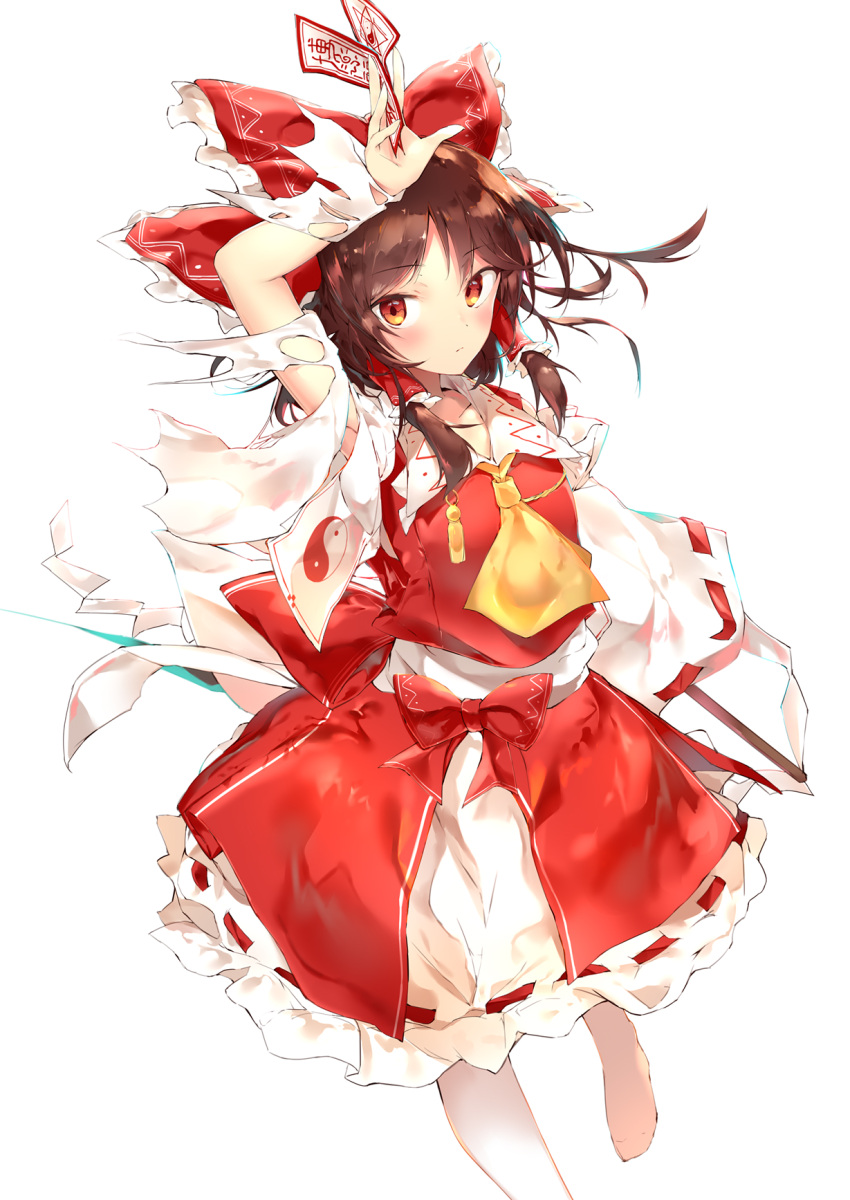 1girl arm_up armpits ascot bangs blush bow brown_eyes brown_hair collarbone commentary_request detached_sleeves eyebrows_visible_through_hair feet_out_of_frame frilled_bow frills gohei hair_bow hair_tubes hakurei_reimu highres holding long_sleeves looking_at_viewer ofuda red_bow red_skirt ribbon-trimmed_skirt ribbon_trim sakusyo shide short_hair sidelocks simple_background skirt skirt_set solo torn_clothes torn_sleeves touhou white_background white_skirt wide_sleeves yellow_neckwear yin_yang