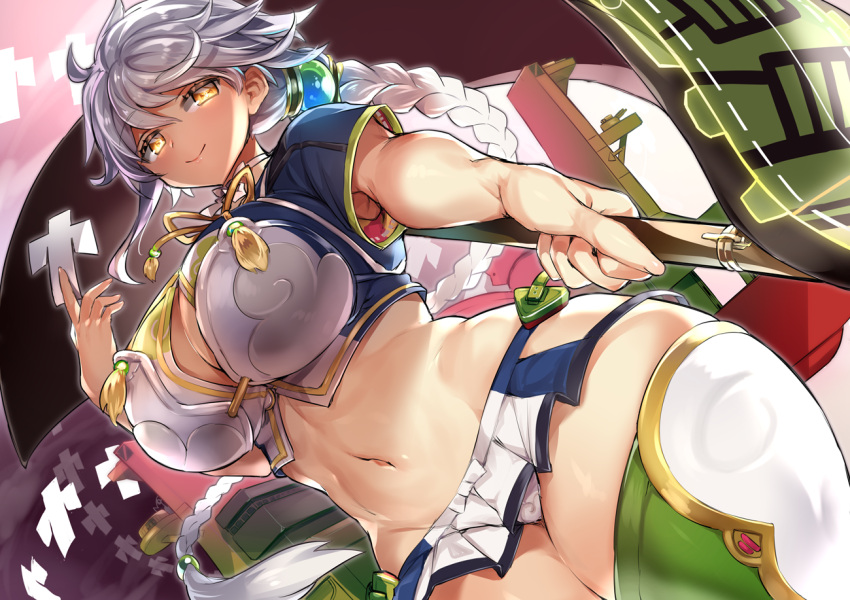 1girl armpits asymmetrical_hair braid breasts bursting_breasts cleavage cleavage_cutout cloud_print commentary_request crop_top curvy eyebrows_visible_through_hair from_below green_legwear groin hair_ornament hip_vent jitome kantai_collection large_breasts long_hair looking_at_viewer midriff navel pleated_skirt shikigami shiny shiny_hair short_sleeves silver_hair single_braid skirt smile solo staff thick_thighs thigh-highs thighs unryuu_(kantai_collection) very_long_hair wavy_hair wide_hips yamaarashi yellow_eyes