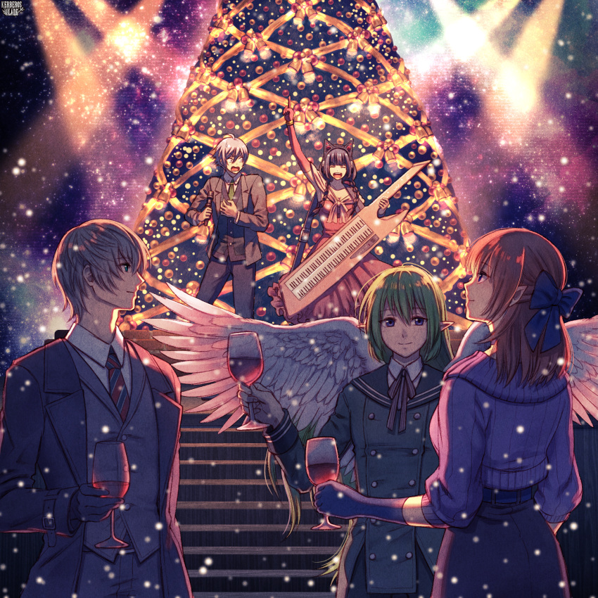 2boys 3girls angel angel_wings animal_ears arm_up bell black_hair blue_bow blue_eyes bow bracelet braid breasts brown_hair christmas_tree cleavage closed_eyes clutch2130 coat copyright_name cup dress drinking_glass elbow_gloves facing_another facing_viewer gloves green_coat green_hair green_neckwear grey_skirt grey_suit grey_vest hair_bow highres holding holding_cup holding_microphone instrument jewelry kerberos_blade keytar long_hair long_sleeves medium_hair microphone multiple_boys multiple_girls necktie night night_sky official_art ornament pointy_ears red_dress ribbed_sweater ribbon silver_hair skirt sky snowing stairs standing striped striped_neckwear sweatdrop sweater twin_braids vest wine_glass wings yellow_ribbon