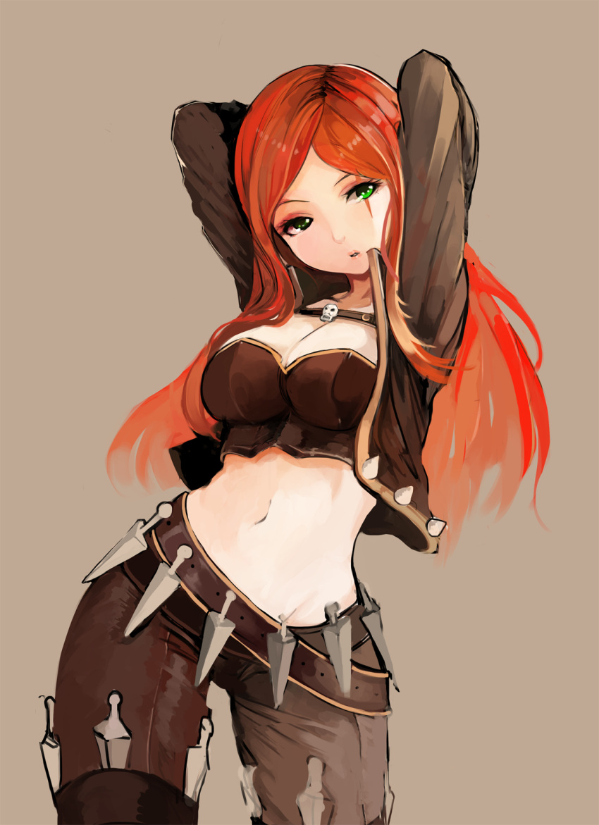 1girl arms_behind_head arms_up belt black_belt black_jacket black_pants breasts broche_(timpet) cleavage cowboy_shot cropped_jacket gradient gradient_background green_eyes groin highres jacket katarina_du_couteau kunai large_breasts league_of_legends legs_apart long_hair long_sleeves loose_belt navel open_clothes open_jacket pants parted_lips redhead scar scar_across_eye skull solo spikes straight_hair weapon