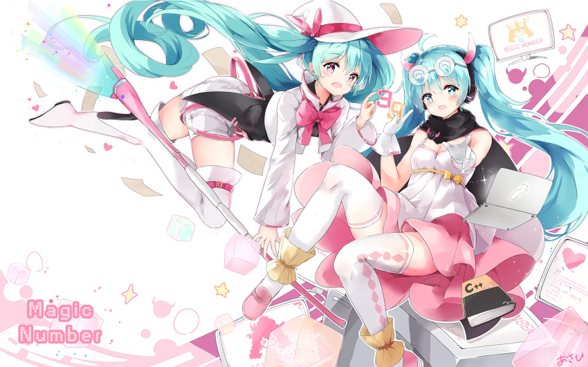 2girls 39 ahoge aqua_eyes aqua_hair blush boots c++_(programming_language) copyright_name eyewear_on_head gloves hat hatsune_miku headphones highres k.syo.e+ multiple_girls open_mouth pink_eyes thigh-highs thigh_boots vocaloid white_gloves white_legwear witch_hat