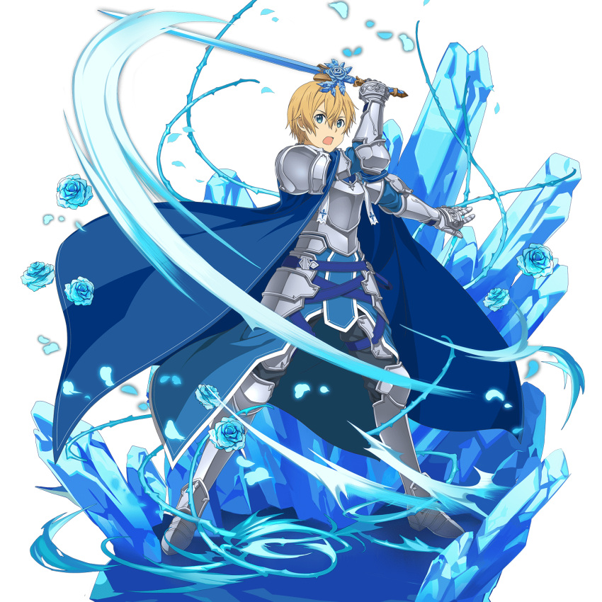 1boy armored armored_boots black_pants blonde_hair blue_eyes blue_flower blue_rose blue_rose_sword blue_skirt boots eugeo faulds flower gauntlets hair_between_eyes highres ice male_focus official_art open_mouth outstretched_arm pants plant rose shoulder_armor skirt solo spaulders sword_art_online transparent_background vines