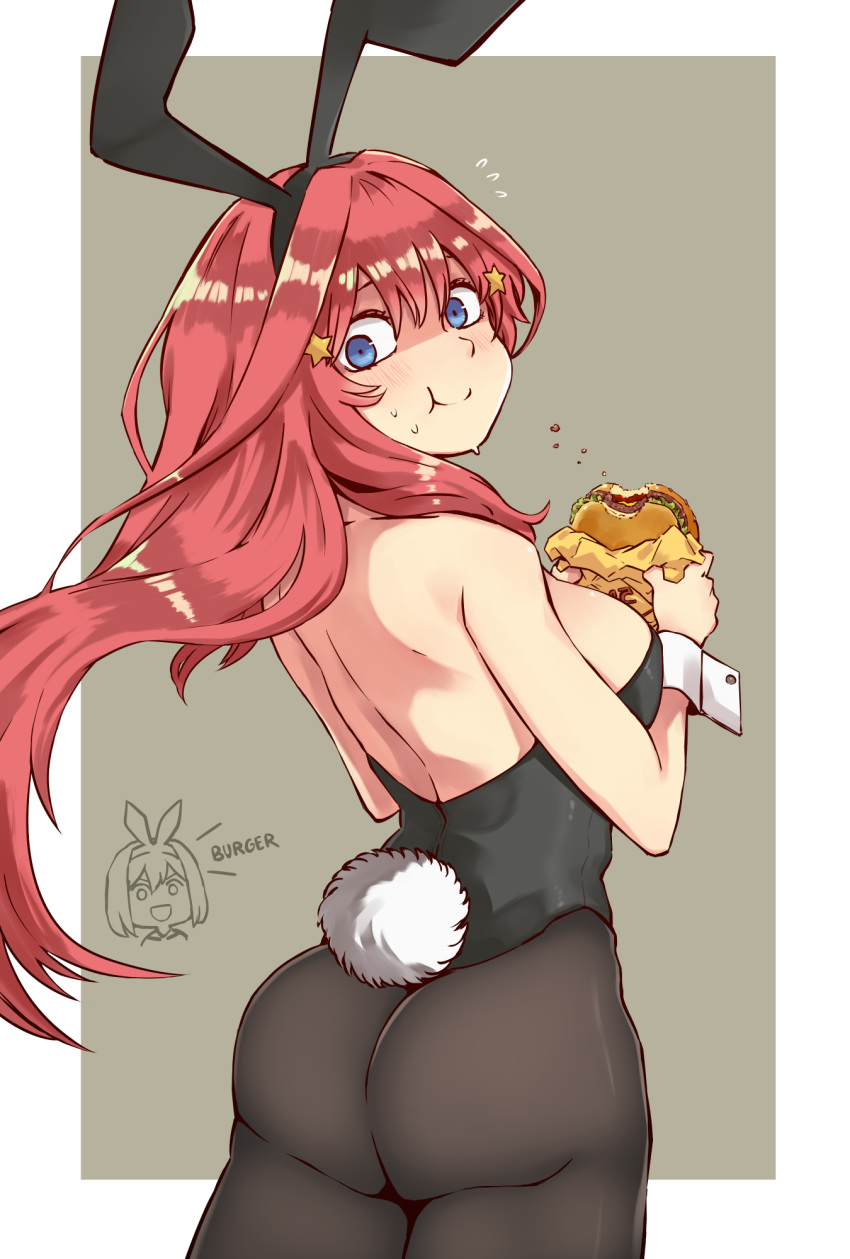 ahoge animal_ears ass back bangs bare_shoulders black_leotard blue_eyes blush breasts bunny_girl bunny_tail bunnysuit eating eyebrows_visible_through_hair fake_animal_ears flying_sweatdrops food fumafu go-toubun_no_hanayome hair_between_eyes hair_ornament hair_ribbon hamburger highres large_breasts leotard long_hair looking_at_viewer looking_back multiple_girls nakano_itsuki nakano_yotsuba open_mouth pantyhose rabbit_ears redhead ribbon shaded_face simple_background smile star star_hair_ornament strapless strapless_leotard sweatdrop tail wrist_cuffs