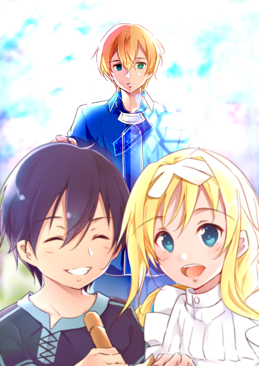 1girl 2boys age_difference alice_schuberg apron black_hair blonde_hair blue_eyes blue_pants blue_shirt closed_eyes clouds collarbone commentary_request crying crying_with_eyes_open day eugeo eyebrows_visible_through_hair green_eyes hair_between_eyes hair_ribbon hairband height_difference highres kirito long_hair multiple_boys open_eyes open_mouth pants parted_lips ribbon shi-2 shirt short_hair sky smile sword_art_online sword_art_online_alicization tears teeth